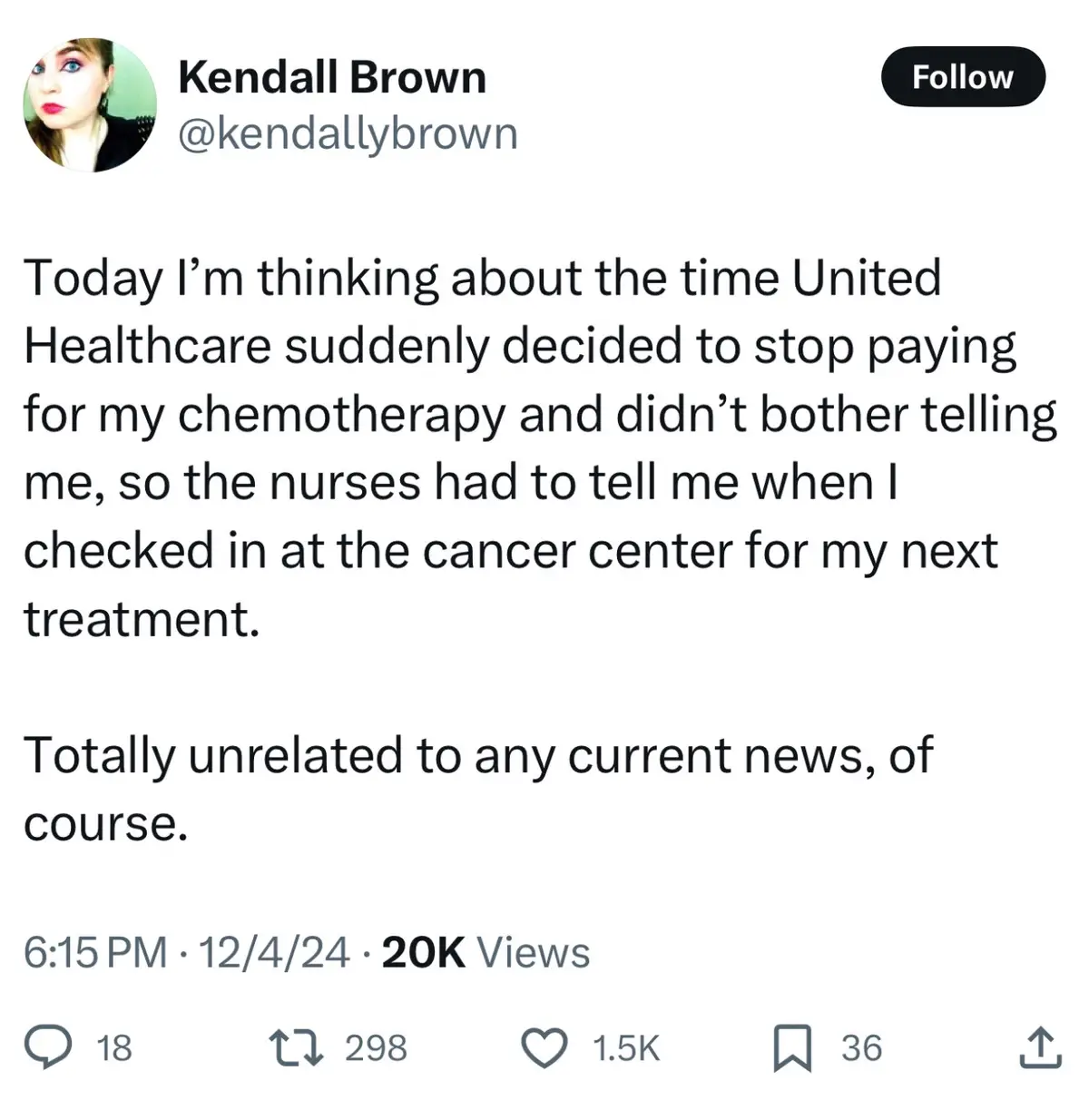 A screenshot of a tweet by Kendall Brown (@kendallybrown) detailing a personal experience where United Healthcare stopped…