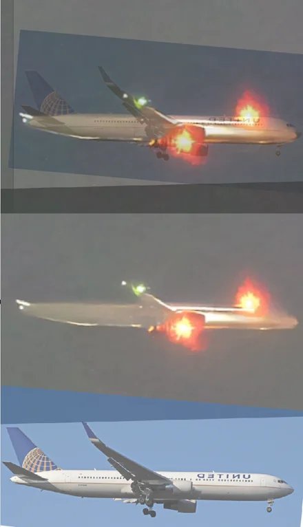 The image shows three stacked photos of a United Airlines plane: the top two depict the aircraft on fire with flames…