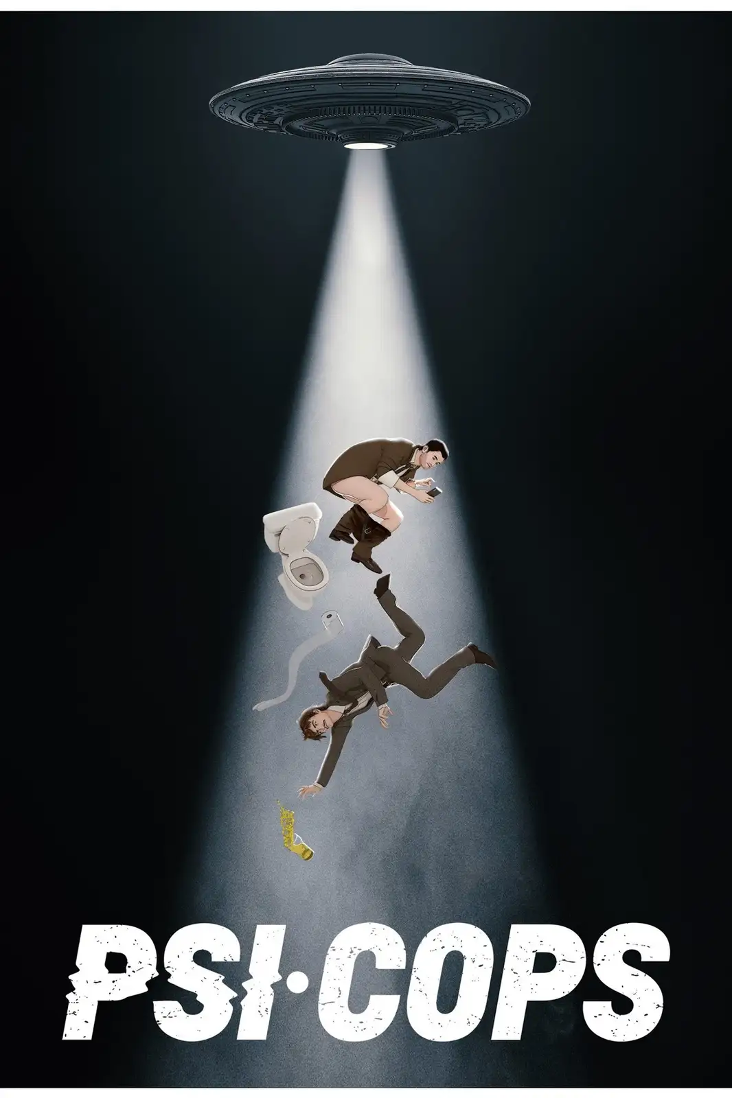 A darkly comedic image shows two men in suits floating in a spotlight beam from a UFO. One man is mid-bowling, holding a…