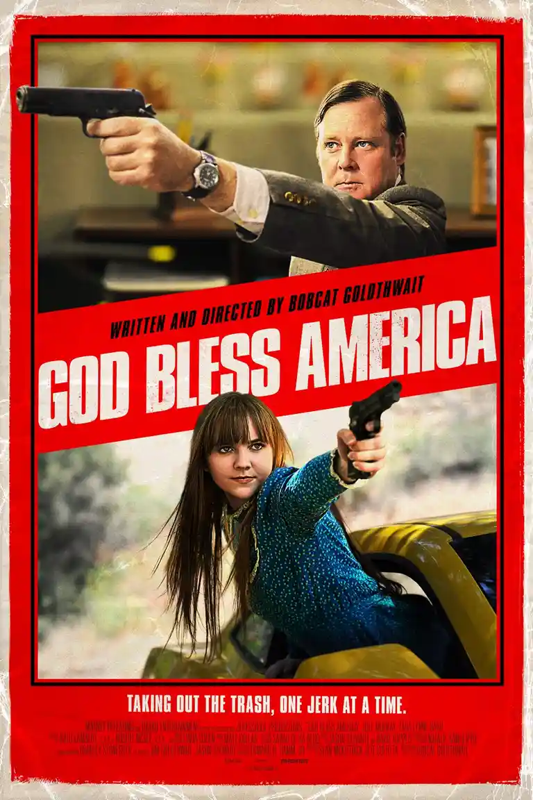 A movie poster parody for 'God Bless America' features a man in a suit pointing a gun at the viewer, with text crediting…