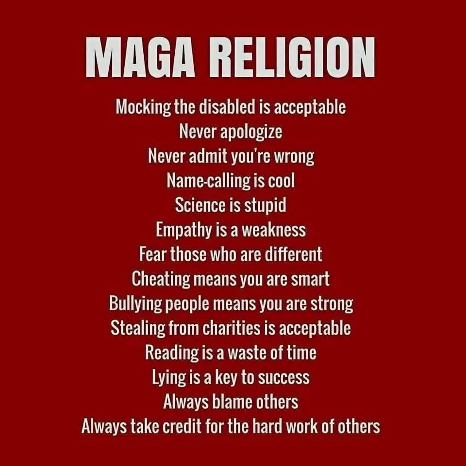 A red background displays white text listing absurd and harmful tenets under the heading 'MAGA RELIGION', including mocking…