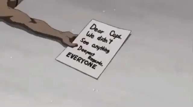 A six-panel image shows a cartoon arm repeatedly holding up a note that reads 'Dear Caps. We didn't See anything. Deepest…