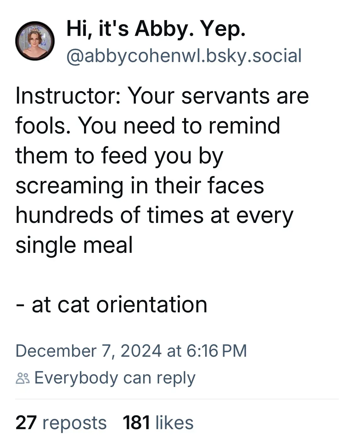 A screenshot of a social media post by Abby Cohen, showing a fictional 'cat orientation' instruction that humorously advises…