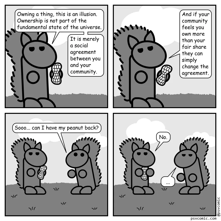 A four-panel comic strip featuring two cartoon squirrels. The first squirrel philosophizes that ownership is a social…