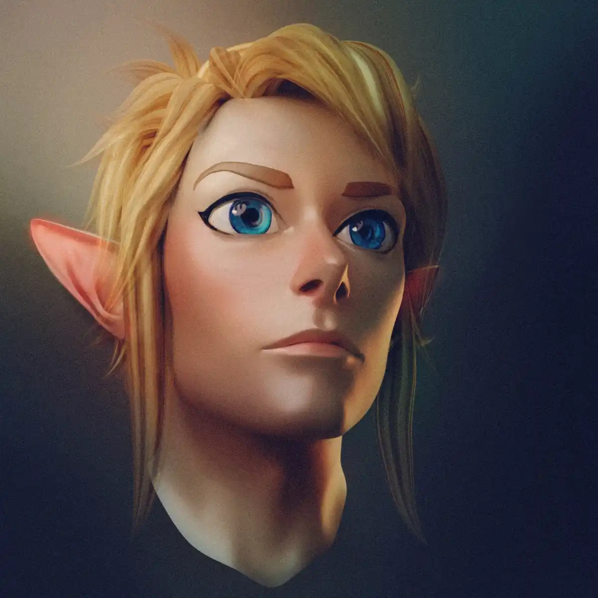 A close-up portrait of a stylized elf with pointed ears, blonde hair, and wide blue eyes, looking upward with a slightly…