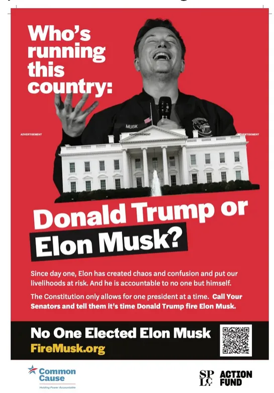 A red political-style poster features a black-and-white image of Elon Musk laughing with his hand raised, superimposed over…