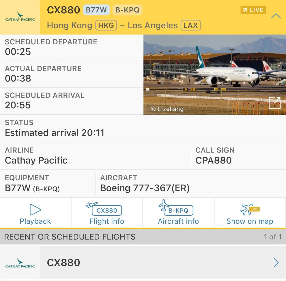 A screenshot of a Cathay Pacific flight tracking page for flight CX880 from Hong Kong to Los Angeles, showing a scheduled…