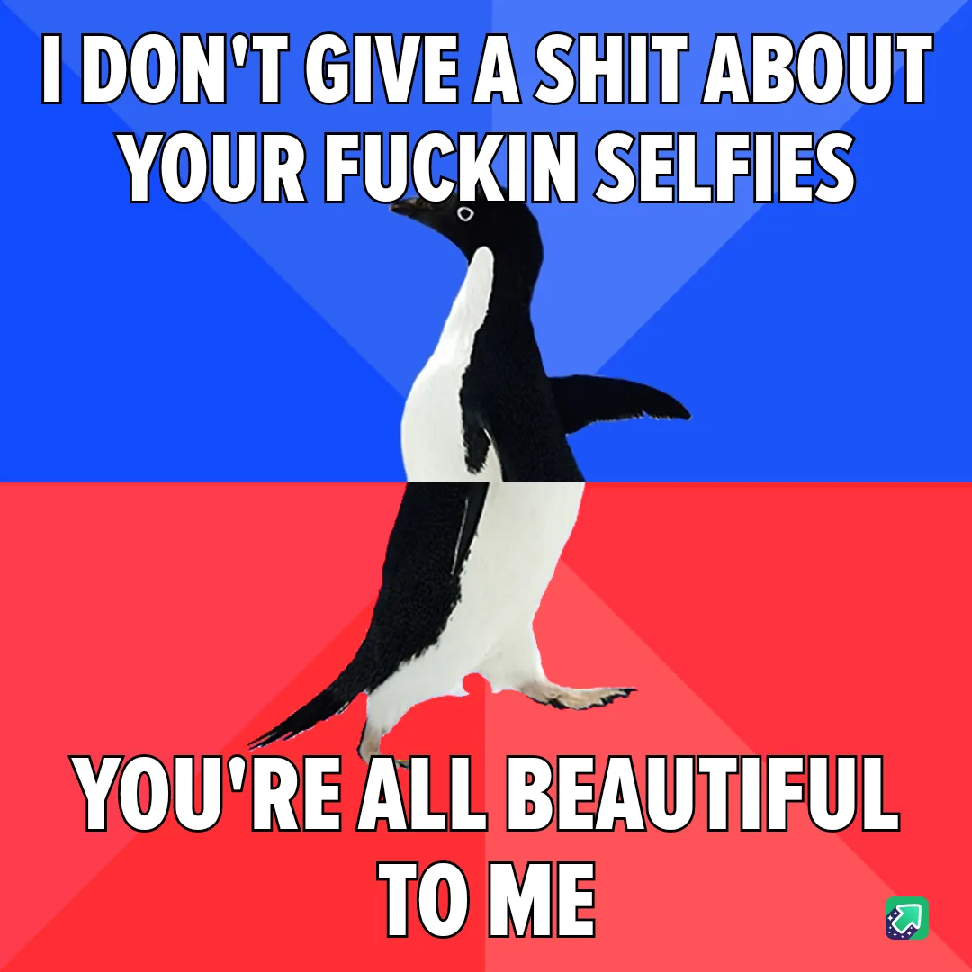 A black-and-white penguin stands centered against a split blue and red background, with bold white text overlaid in two…