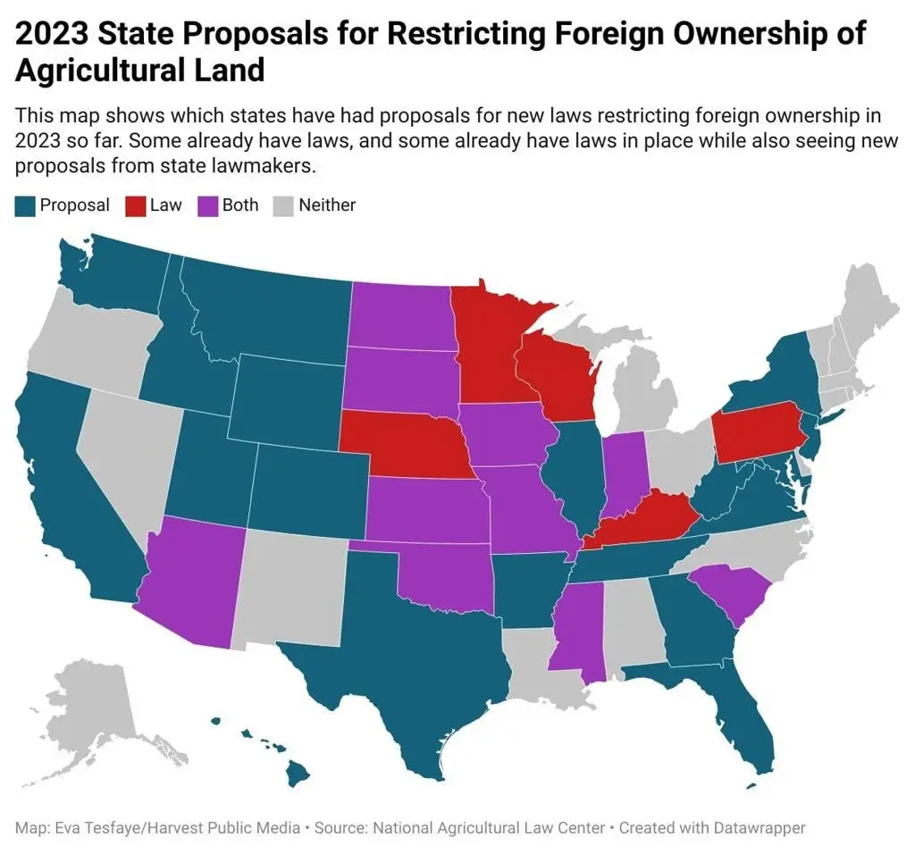 A map of the United States showing state-level proposals for restricting foreign ownership of agricultural land in 2023…
