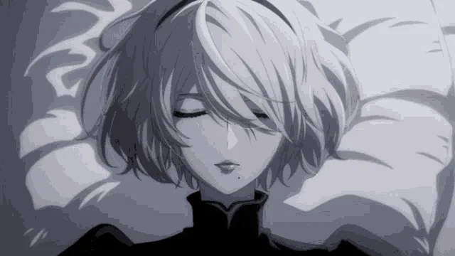 The image shows a grayscale anime-style character with short, light-colored hair, lying on a pillow. The top row depicts the…
