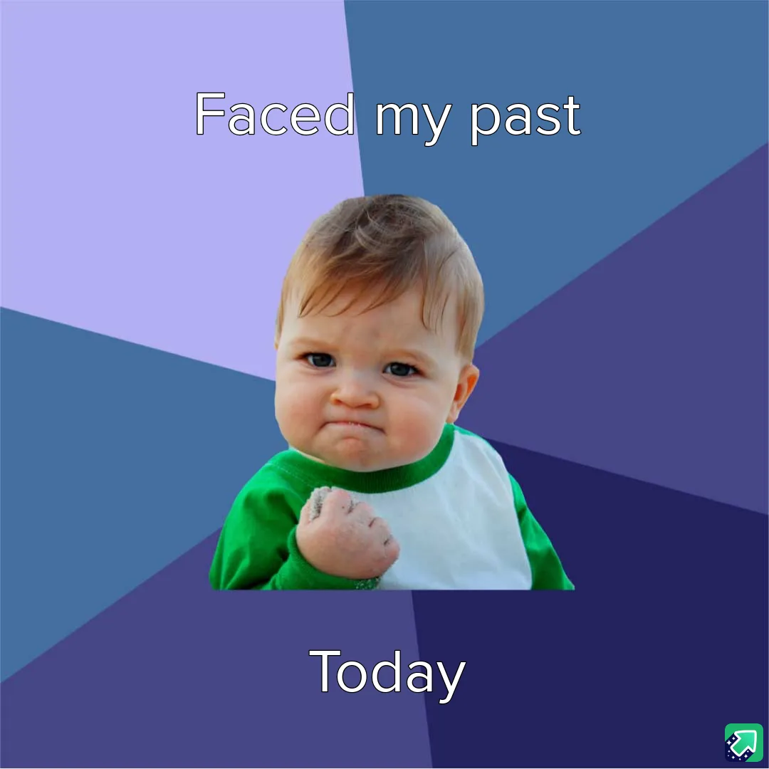 A baby with a determined, slightly angry expression, wearing a green and white shirt, is shown against a geometric…