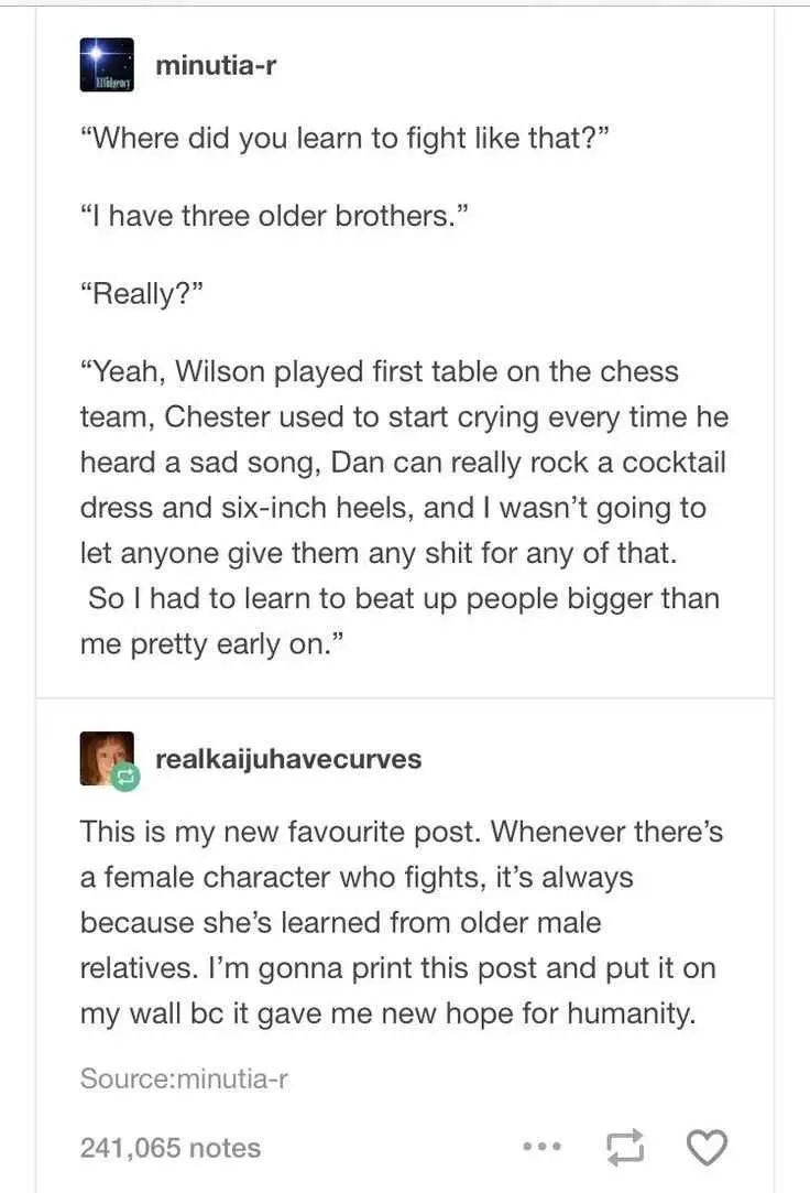 A screenshot of a Tumblr post where a user explains they learned to fight because their three older brothers were 'Wilson'…