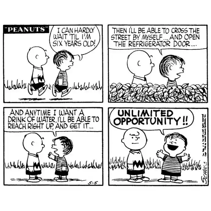 A four-panel Peanuts comic strip shows two young boys, Charlie Brown and Linus, excitedly imagining the freedoms of being…