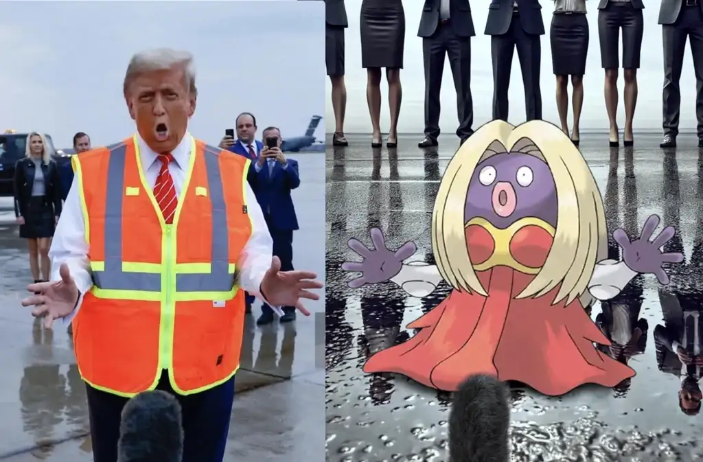 The image is a side-by-side comparison: on the left, Donald Trump wearing an orange safety vest with his mouth open and…