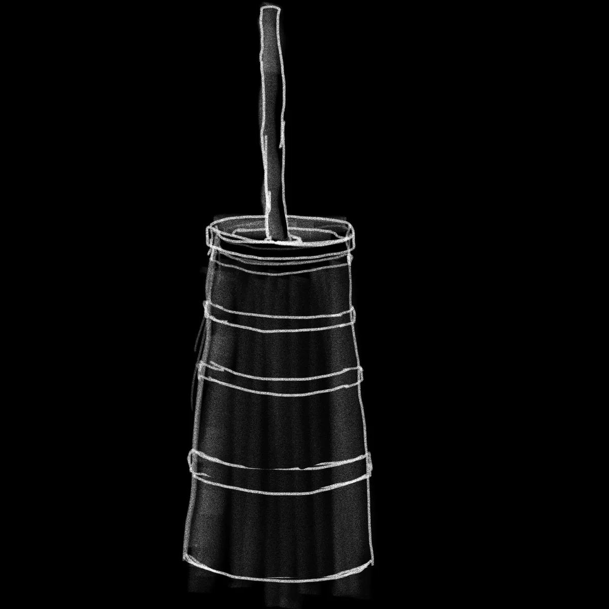 A black and white sketch of a cylindrical skirt with horizontal bands and a long pole sticking out of the top, set against a…
