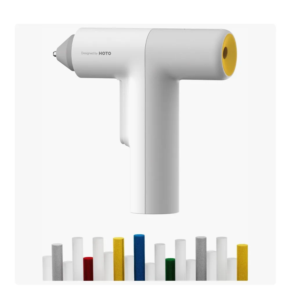 A white handheld massager with a yellow nozzle and gray tip, branded 'Designed by HOTO', is shown floating above a row of…
