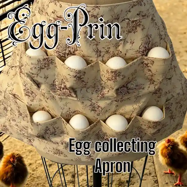 An apron with multiple pockets filled with white eggs is displayed, with small chicks visible at the bottom corners. The…