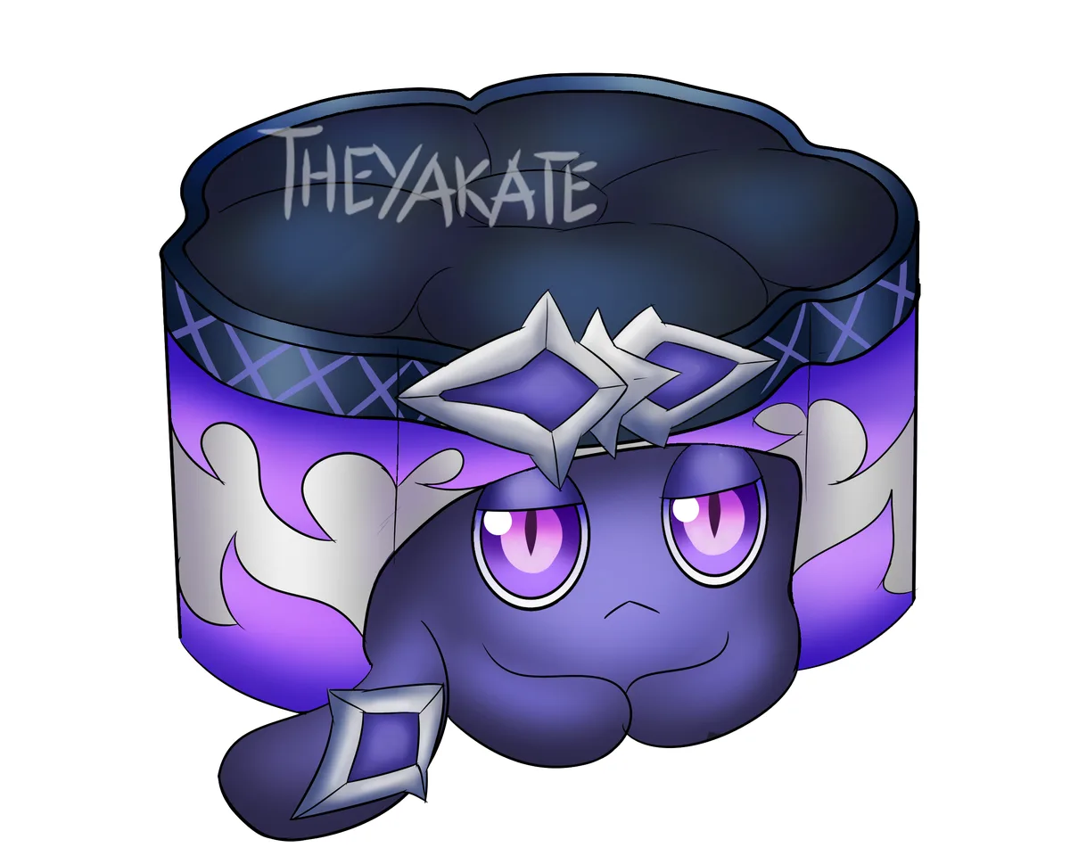 A cartoonish purple character with large purple eyes and a silver star-shaped headpiece is depicted emerging from a…