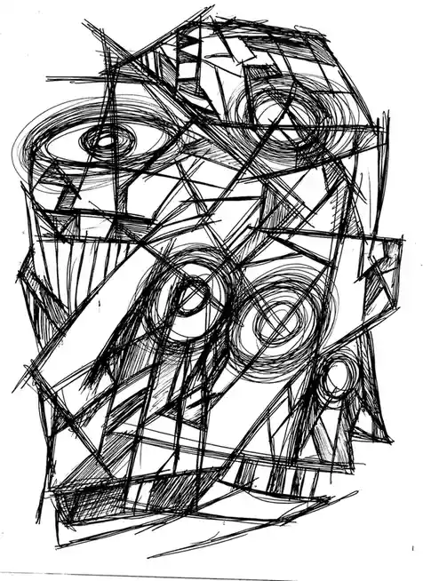 A black-and-white sketch of a car rendered with chaotic, overlapping scribbles and messy lines, obscuring any clear shape or…