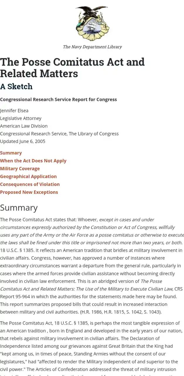 The image displays the cover page of a Congressional Research Service report titled 'The Posse Comitatus Act and Related…