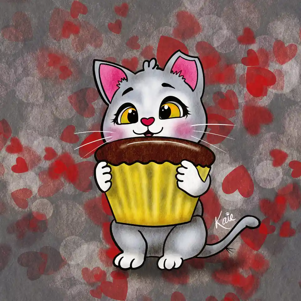 A cartoon grey cat with pink inner ears and a heart-shaped nose holds a large chocolate cupcake in its paws, surrounded by a…