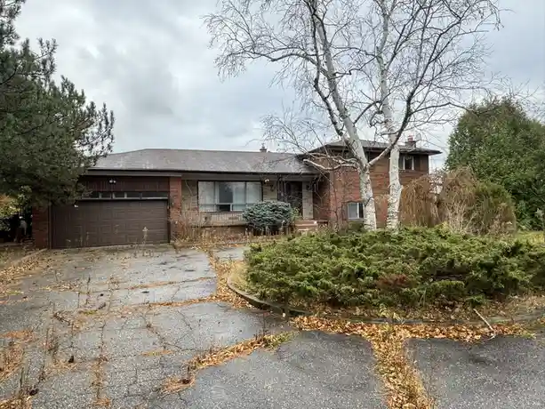 A photo of a brick house with a cracked, overgrown driveway and bare trees under a cloudy sky, overlaid with the text 'this…
