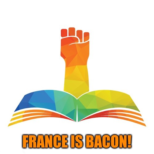 An open book with rainbow-colored geometric pages has a raised fist emerging from its center, rendered in a similar colorful…