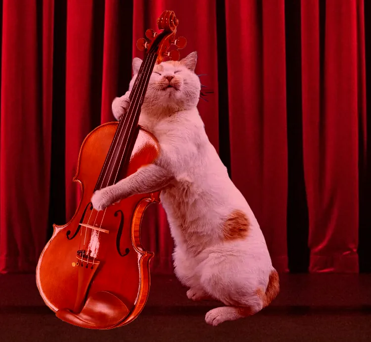 A fluffy white cat with a small orange patch stands upright on its hind legs in front of red curtains, holding a violin with…