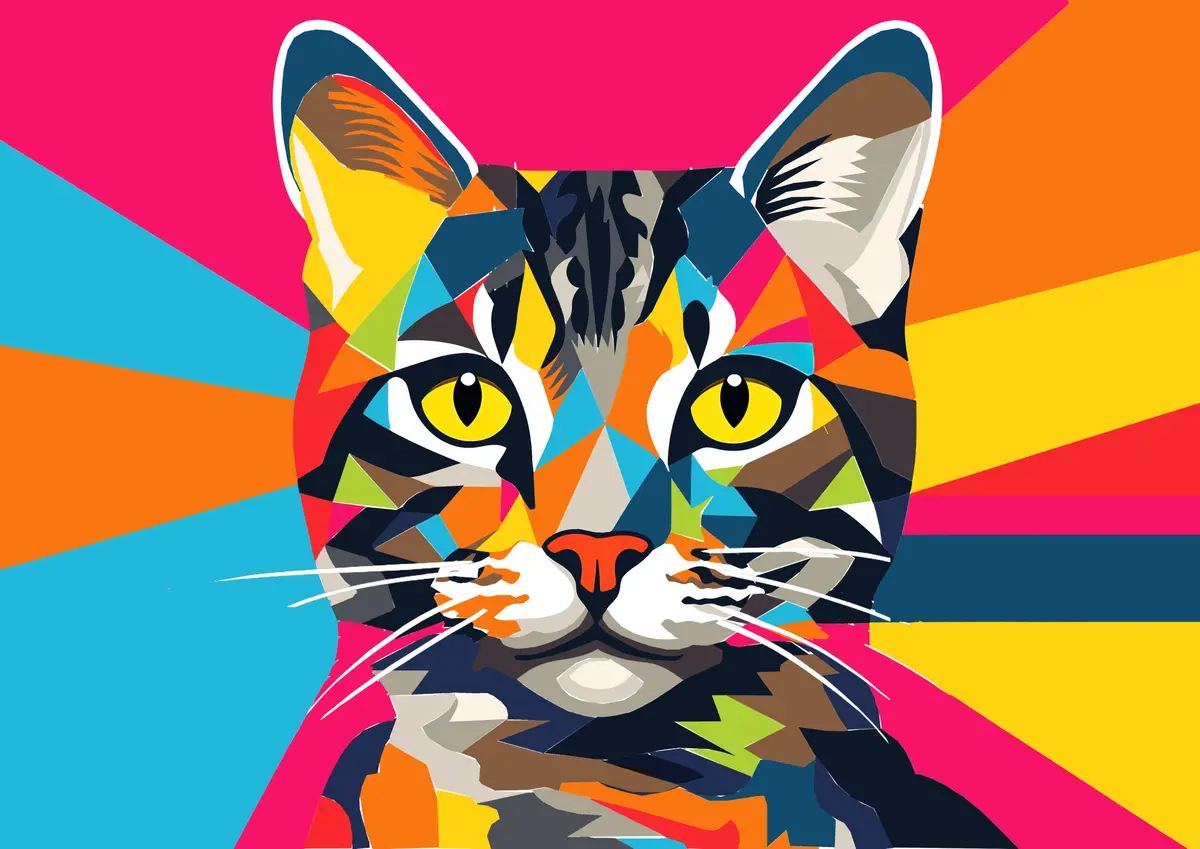 A stylized, colorful geometric illustration of a cat's face with yellow eyes and white whiskers, set against a vibrant…