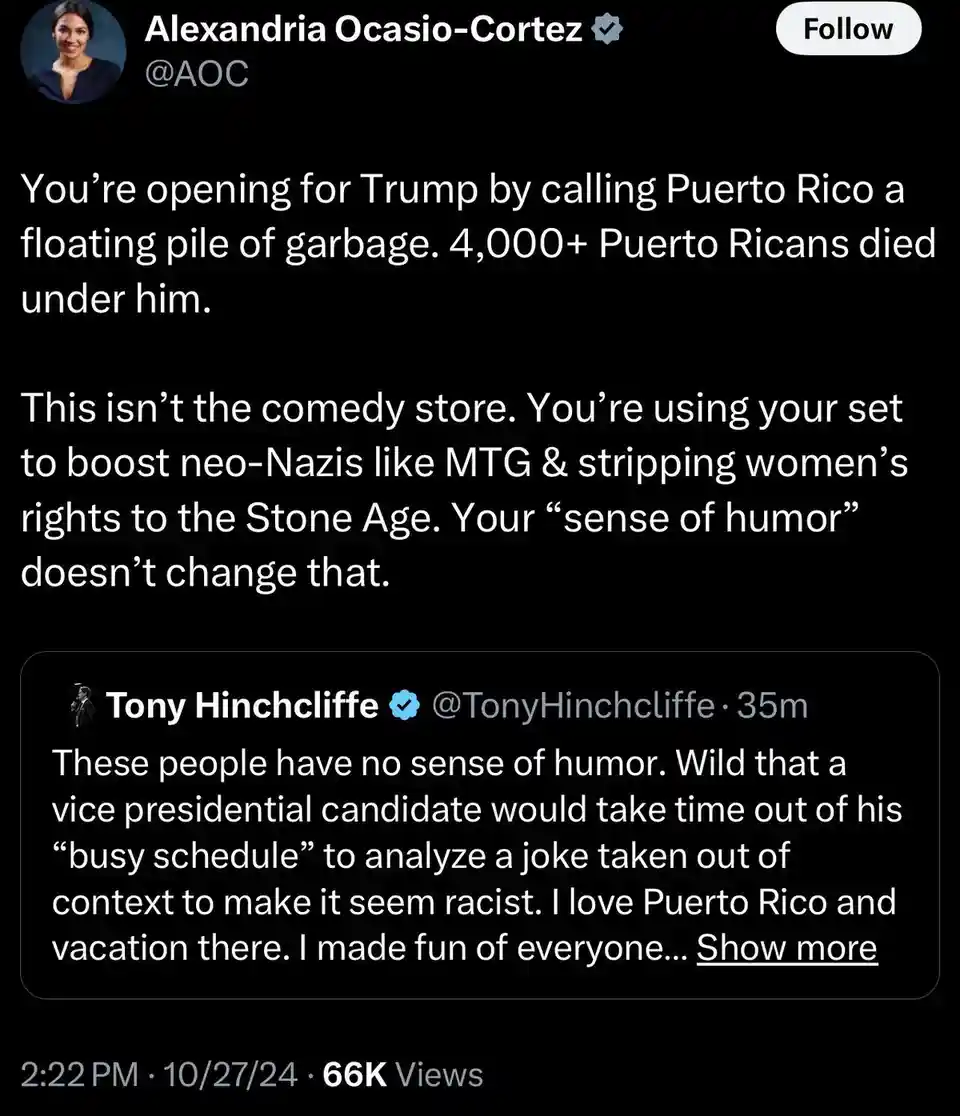 A screenshot of a Twitter thread shows Alexandria Ocasio-Cortez (@AOC) responding to a tweet by Tony Hinchcliffe…