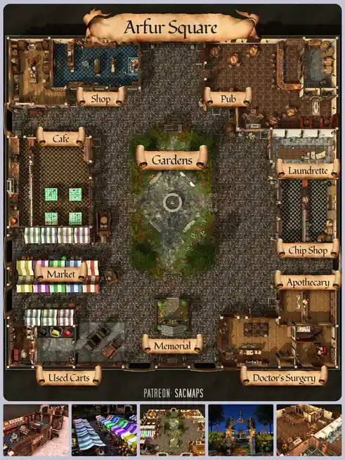 An overhead fantasy map of Arfur Square, a town square with labeled buildings including Shop, Pub, Cafe, Market, Gardens…
