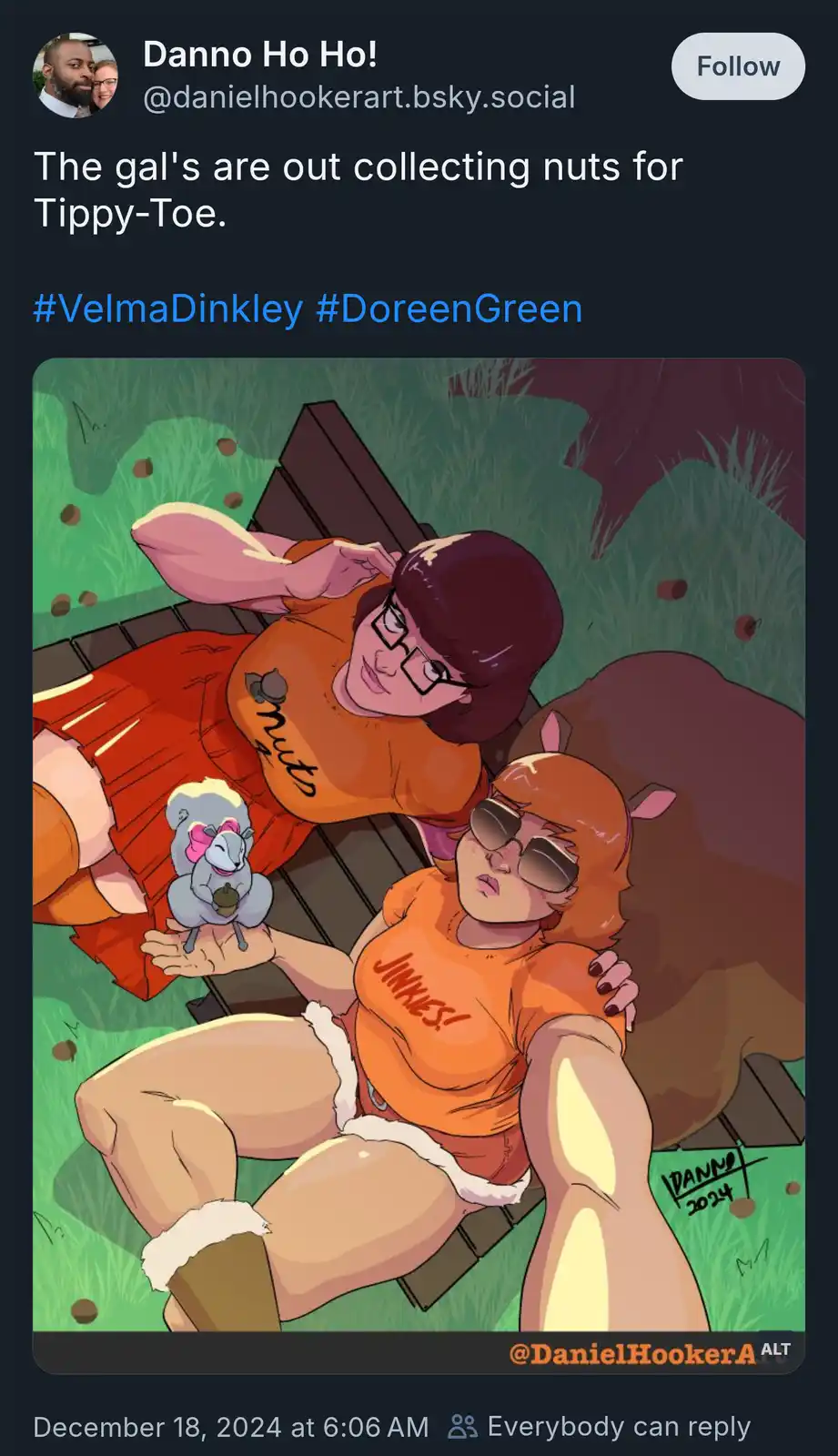 Two muscular, cartoon-style women in orange outfits lie on a wooden bench in a grassy area with acorns scattered around. One…