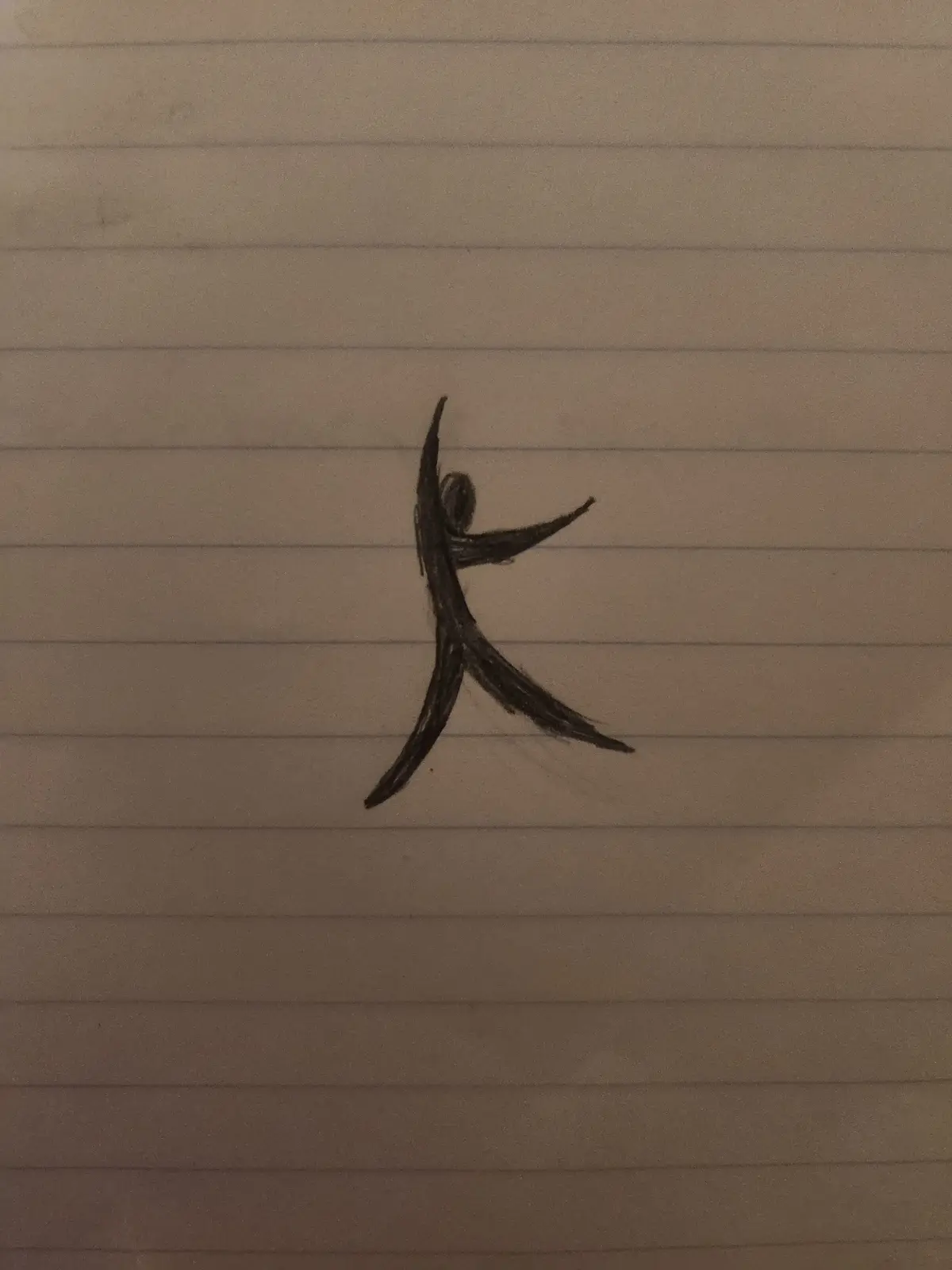 A simple, crude pencil drawing of a stick figure on lined notebook paper, with one arm raised and legs spread wide. The…