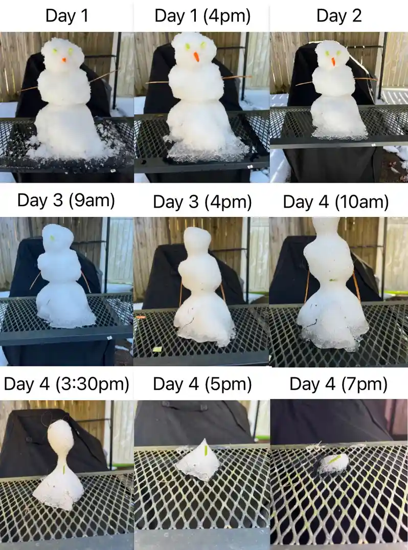 A nine-panel grid shows a snowman melting progressively over four days, with timestamps indicating its decline from a full…