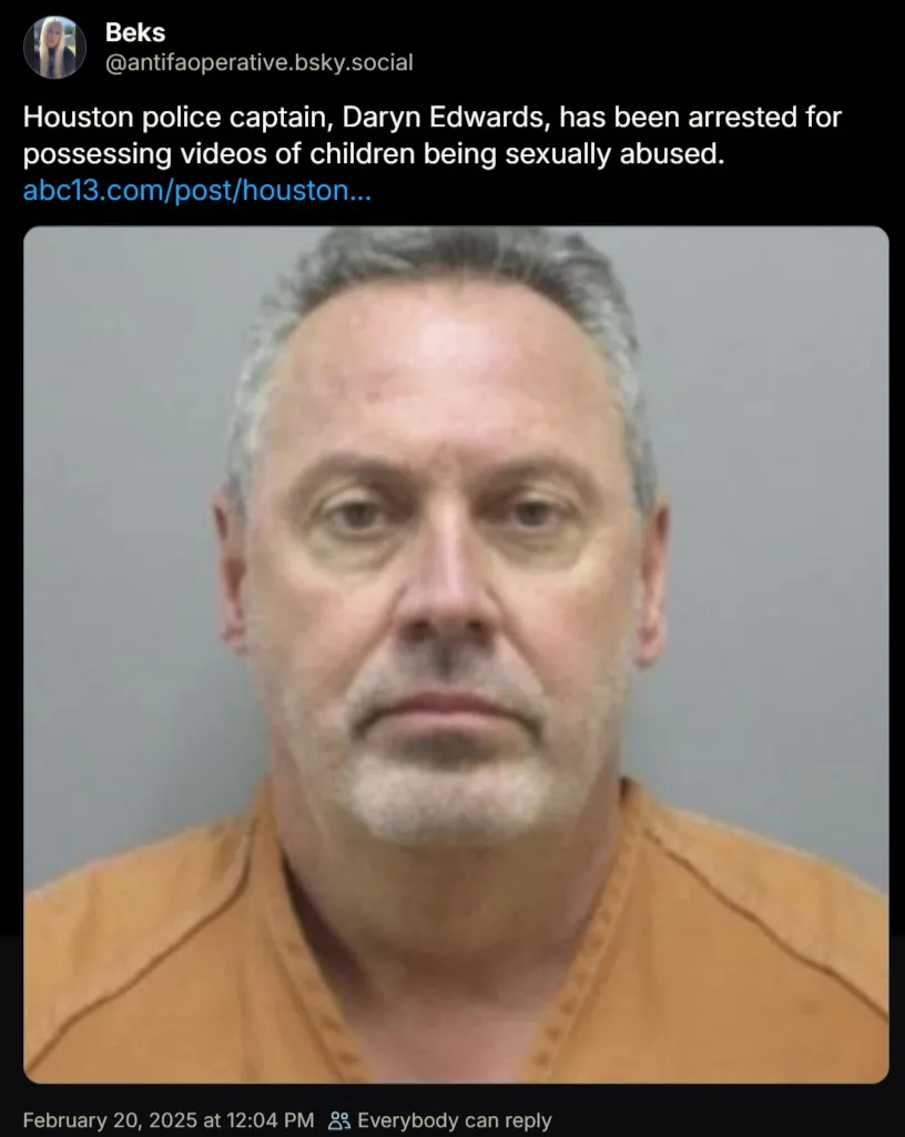 A mugshot of a middle-aged man with gray hair and a goatee, wearing an orange prison jumpsuit, is overlaid with text stating…