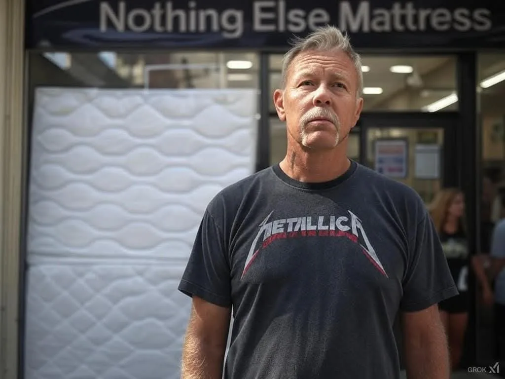 A man with a mustache and goatee wearing a Metallica t-shirt stands in front of a store with a large mattress displayed in…