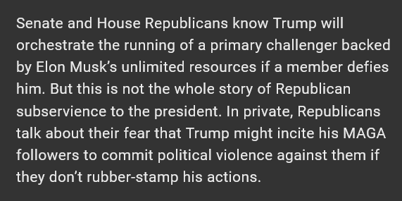 A dark gray background displays a block of white text detailing Republican fears of Donald Trump inciting violence against…