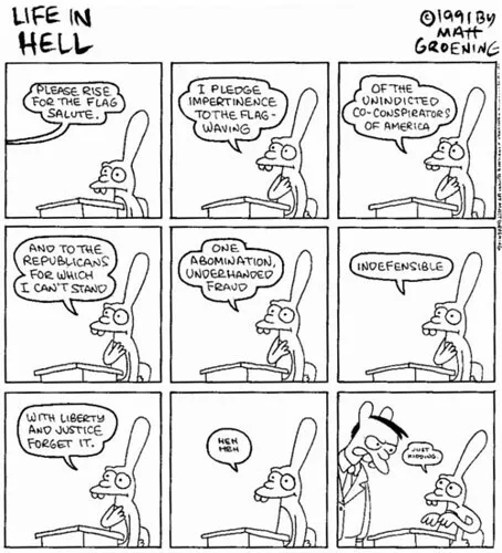 A nine-panel comic strip titled 'LIFE IN HELL' by Matt Groening, showing a rabbit character giving a satirical, increasingly…