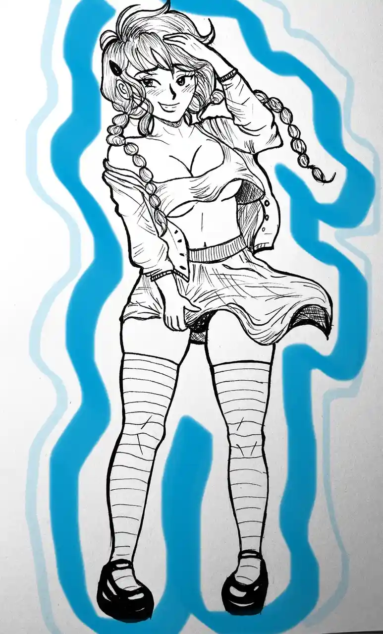 A black-and-white line drawing of a stylized anime girl with braided hair, horns, and a confident pose, wearing a cropped…