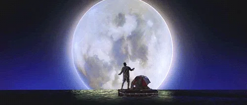 A sequence of six panels shows a person standing on a small raft in the middle of a dark ocean, with a massive, glowing full…