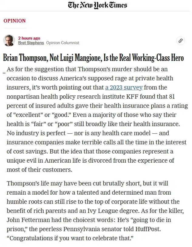 A screenshot of a New York Times opinion piece by Bret Stephens, titled 'Brian Thompson, Not Luigi Mangione, Is the Real…