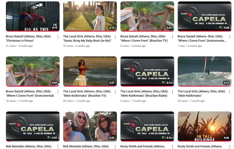 A screenshot of a YouTube channel's video grid shows thumbnails of various music videos, including scenes of a person in a…