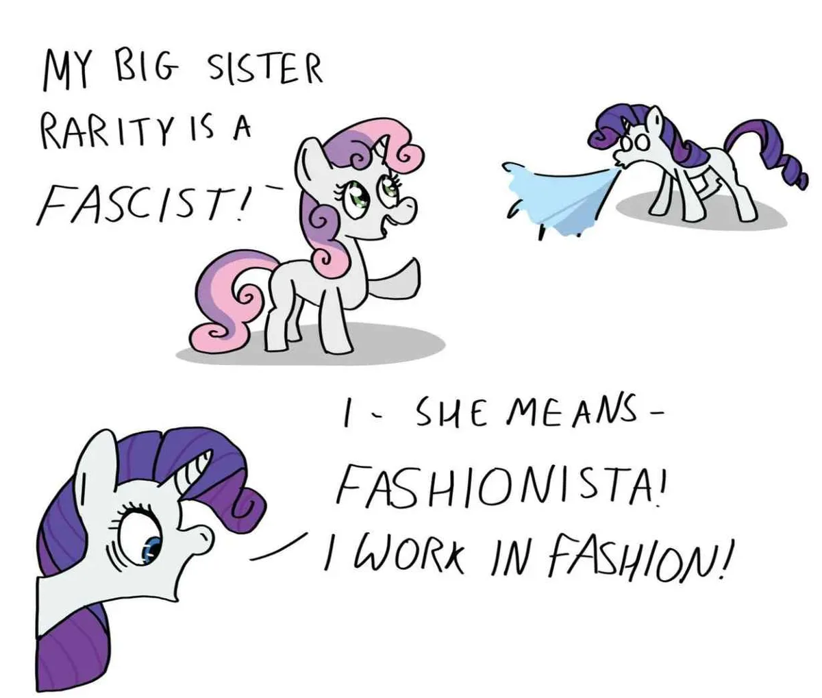 A two-panel cartoon featuring My Little Pony characters. In the top panel, a pony with pink and purple curls (Sweetie Belle)…