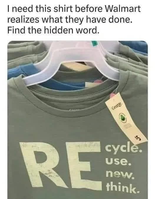 A close-up photo of a gray t-shirt on a plastic hanger, with a price tag reading 'George $5'. The shirt has large letters…
