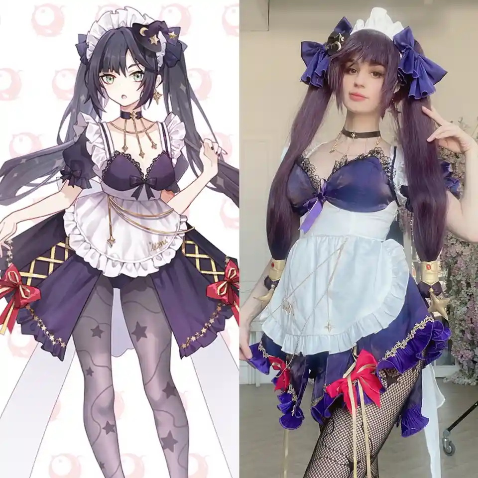 The image displays a side-by-side comparison: on the left, an anime-style illustration of a female character named 'Moni' in…