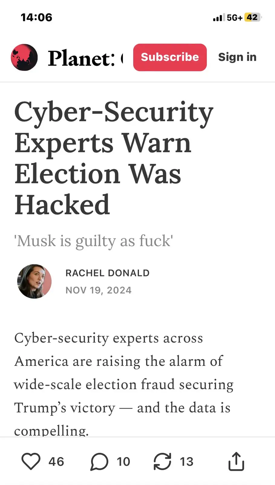 A screenshot of a fake news article from 'Planet:' with the headline 'Cyber-Security Experts Warn Election Was Hacked' and a…