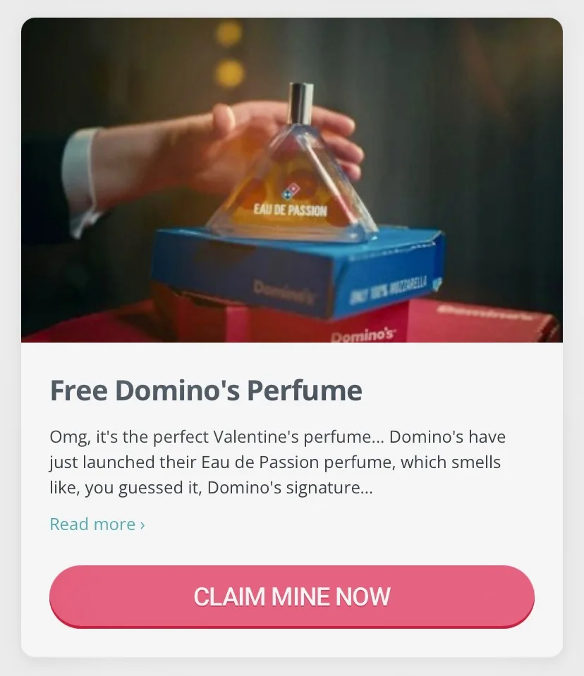 A hand holds a triangular perfume bottle labeled 'Eau de Passion' atop a Domino's pizza box. The overlaid text mimics an…