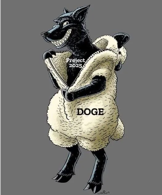 A cartoon black wolf with a wide, toothy grin is wearing a sheepskin coat that is partially unzipped, revealing its wolf…