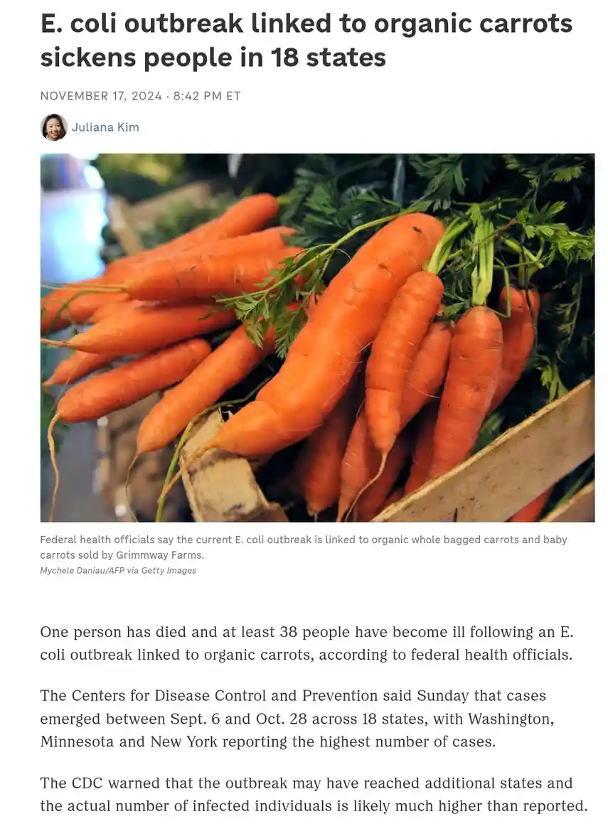 A news article screenshot shows a headline about an E. coli outbreak linked to organic carrots, with a photo of fresh…