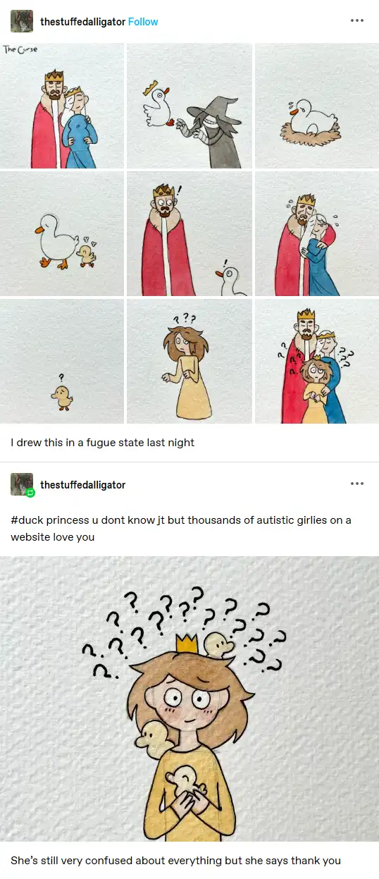 A comic strip titled 'The Curse' depicts a king and queen, a witch turning a swan into a duck, and a duckling growing up to…